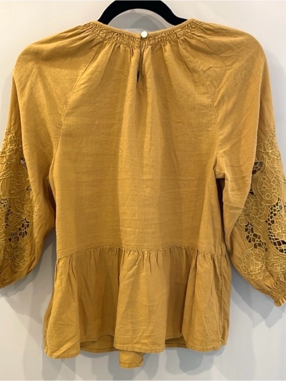 Madewell Eyelet Pepplum Women's Mustard Peasant Blouse Size XS - Picture 3 of 4
